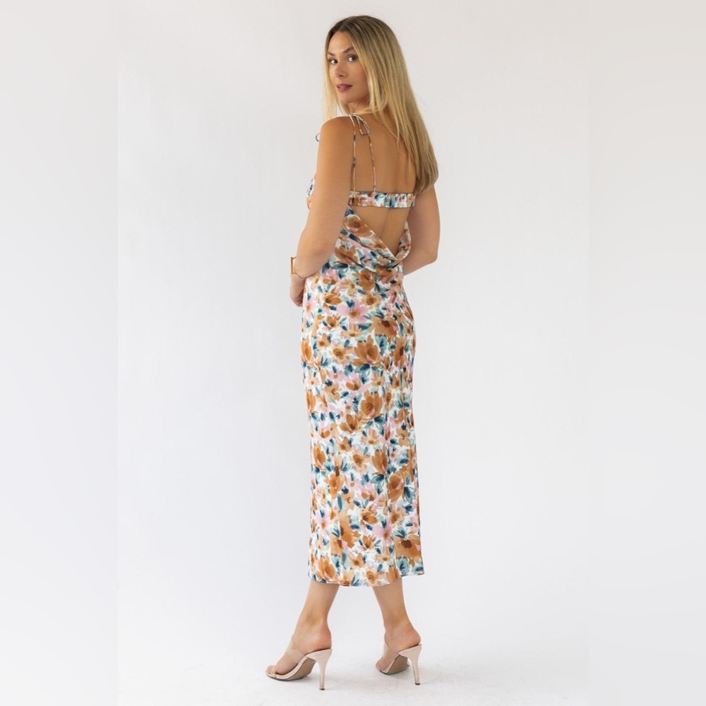 Gemma Floral Cami Cowl Back Orange/Blue/White Floral Silk Midi Dress